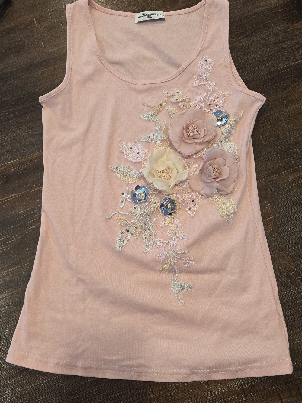 Mystique Boutique Light Pink Floral Appliqué Tank Dress with Blue Accents